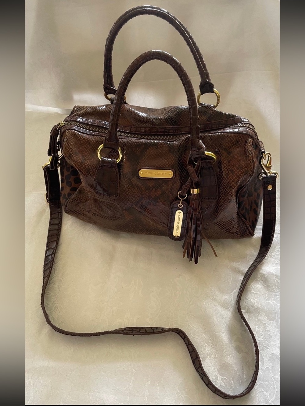 Cynthia Rowley Brown Snake-Embossed Satchel with Tassel and Gold Hardware